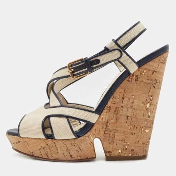 Yves Saint Laurent White/Navy Blue Canvas Deauville Cork Wedge Sandals Size 39 - Picture 1 of 10